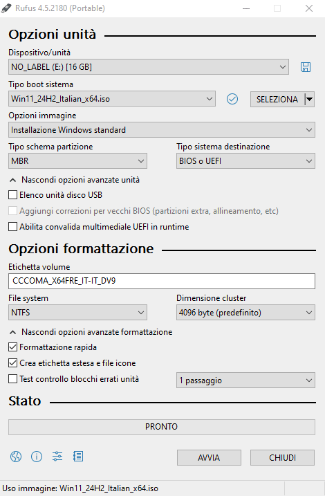 Creazione supporto avvio Windows 11 24H2 no requisiti minimi