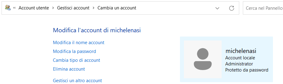 Cambiare nome account locale da Pannello di controllo