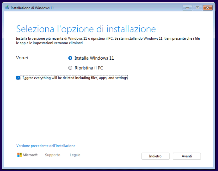 Cancellazione dati installazione Windows 11