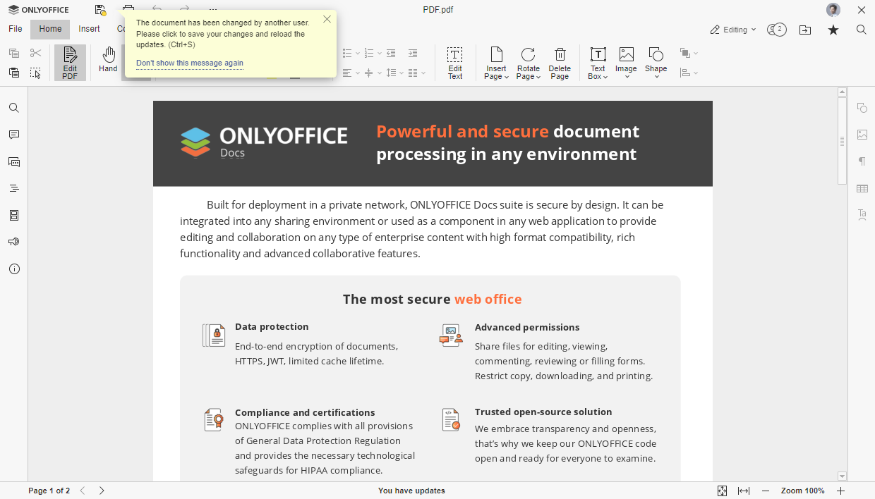 ONLYOFFICE Docs 8.2: collaborazione modifica documenti PDF