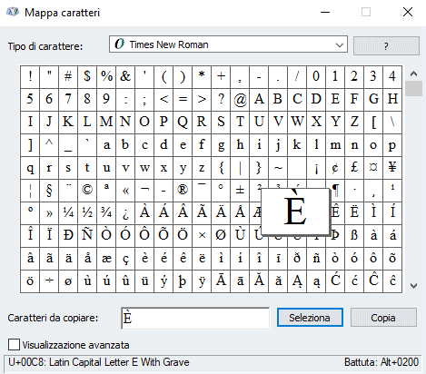 E maiuscola accentata con Mappa caratteri Windows