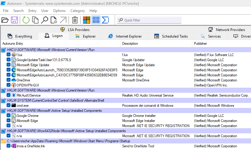 Autoruns, programmi in esecuzione automatica Windows 11