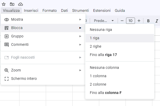 Fissare riga foglio Google Documenti