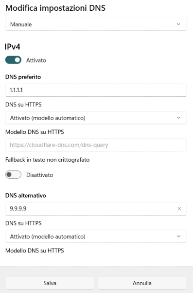 Impostazione DNS preferito e secondario Windows 11
