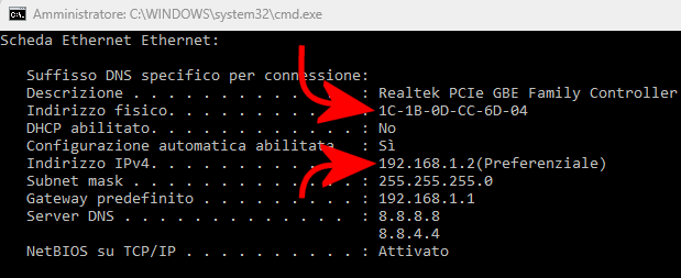 Indirizzo IP e MAC scheda di rete