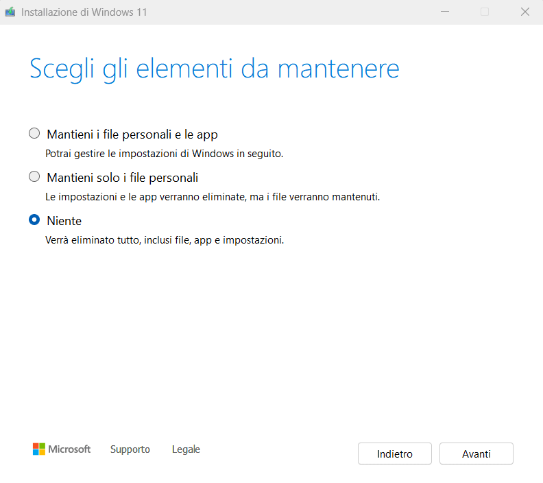 Eliminazione dati installazione pulita Windows 11