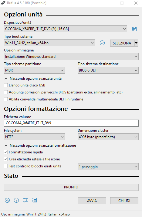 Impostazione Rufus per installazione pulita Windows 11