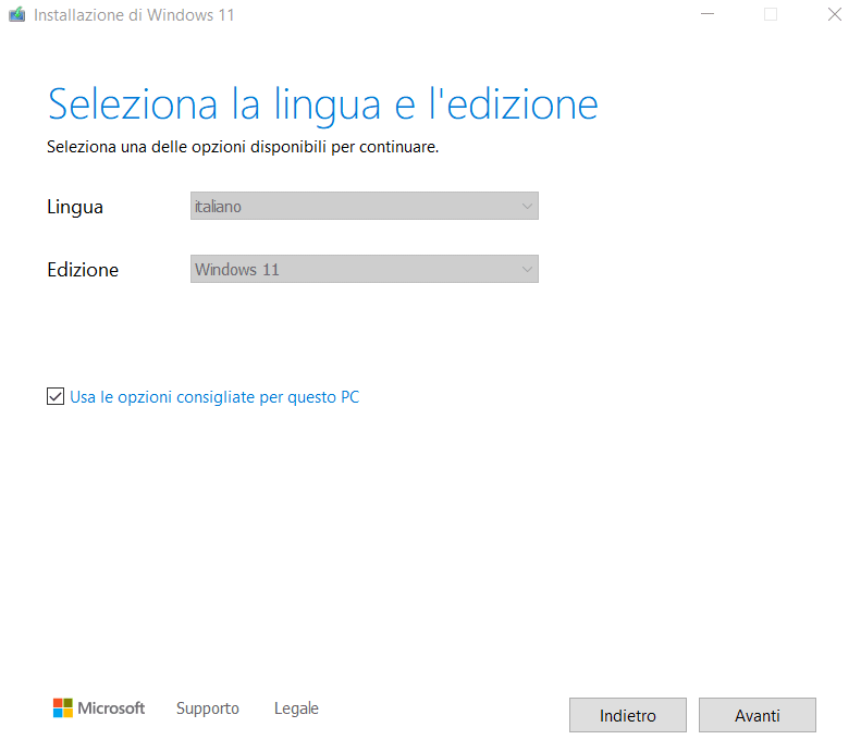 Installazione pulita Windows 11: scelta lingua ed edizione