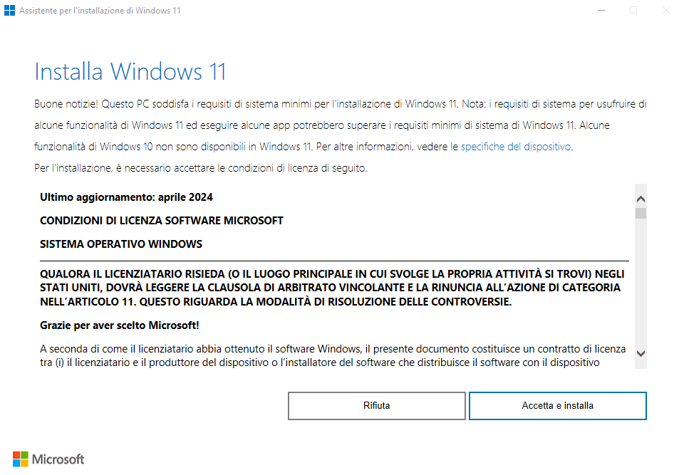 Assistente aggiornamento Windows 11: installazione