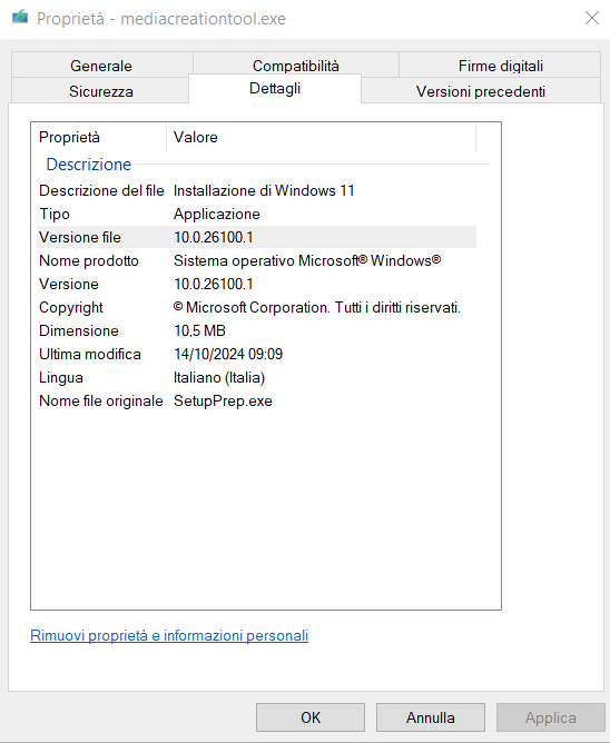 Proprietà Media Creation Tool Windows 11