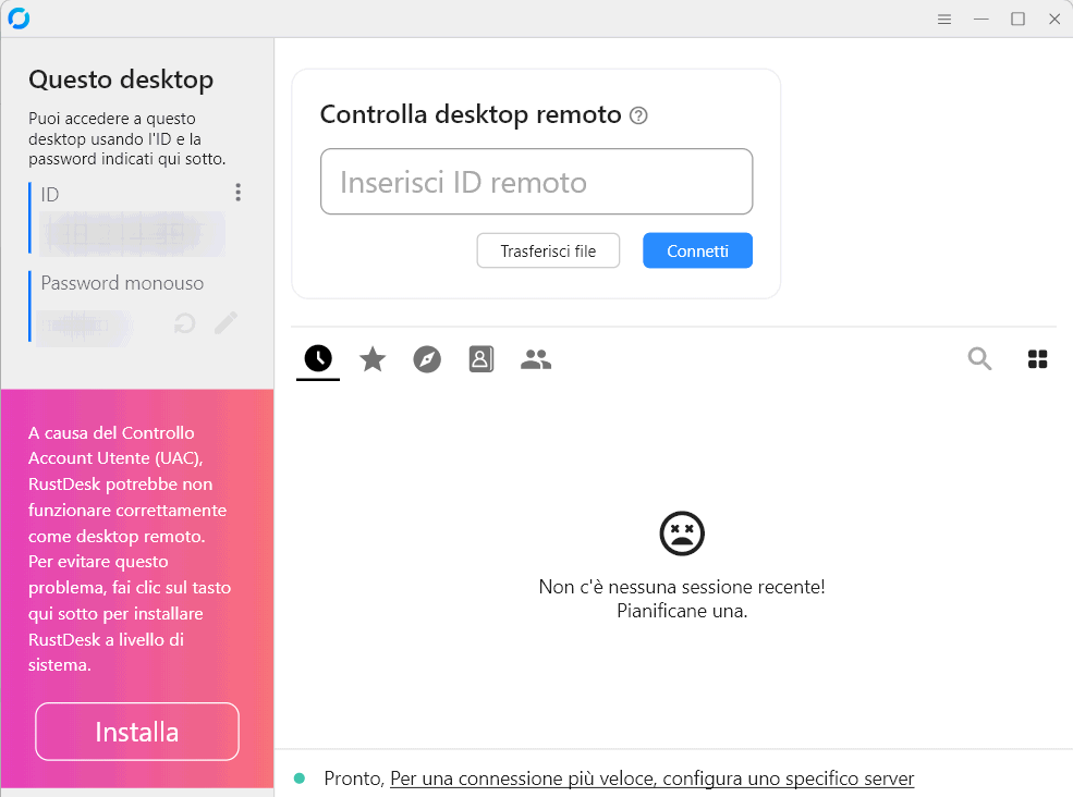 Schermata principale Rustdesk per amministrazione remota