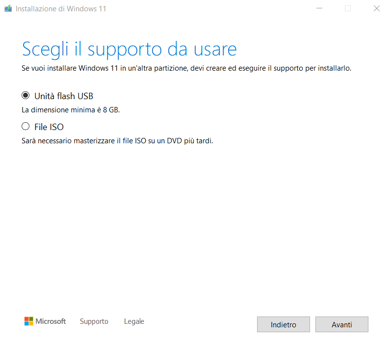 Selezione supporto per installazione pulita Windows 11