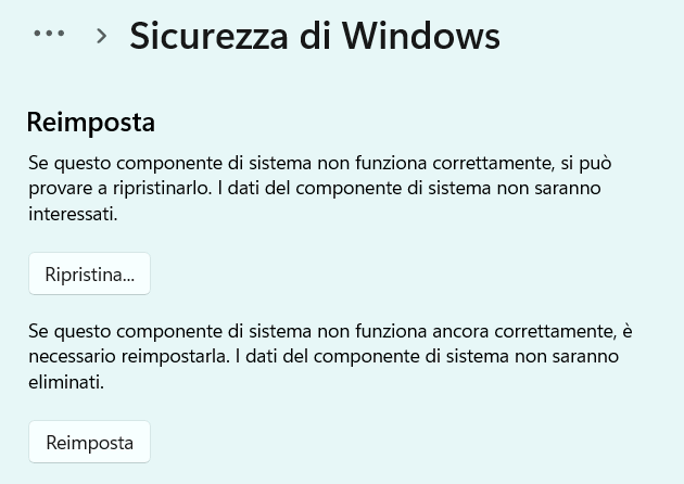 Sicurezza di Windows non si apre: reimpostazione app