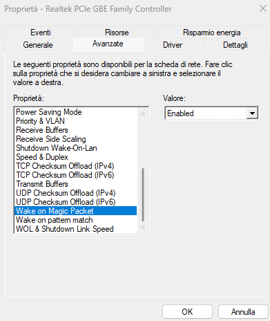 Configurazione Wake-on-LAN su Windows 11