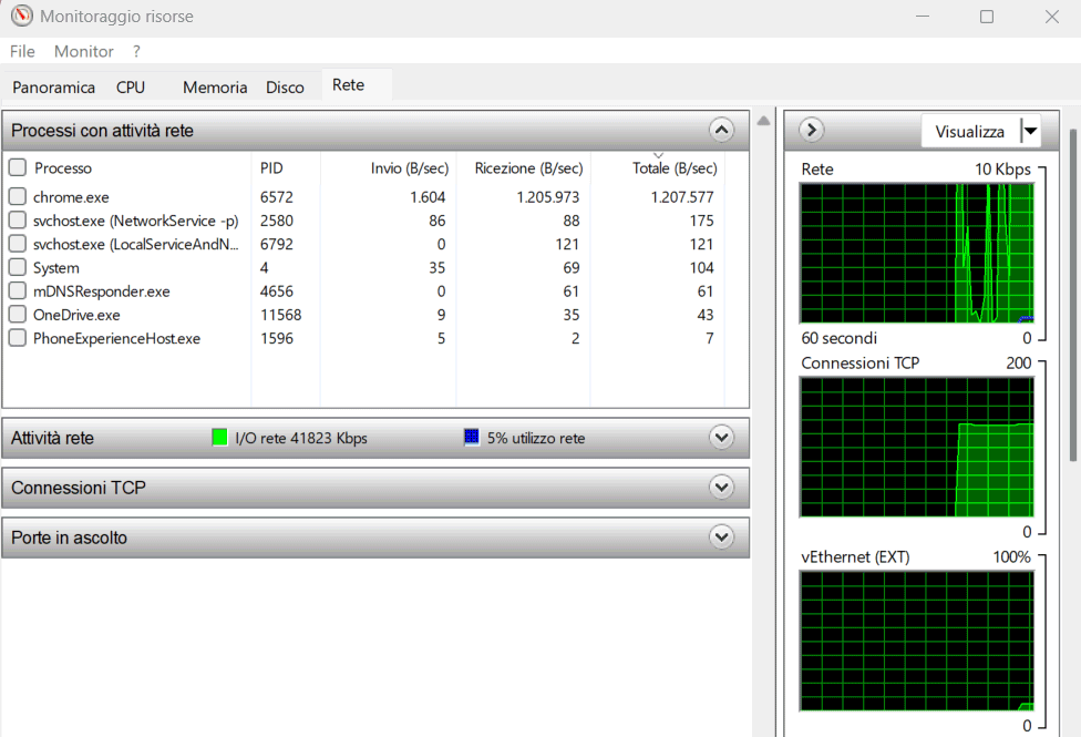 Attività rete Monitoraggio risorse Windows