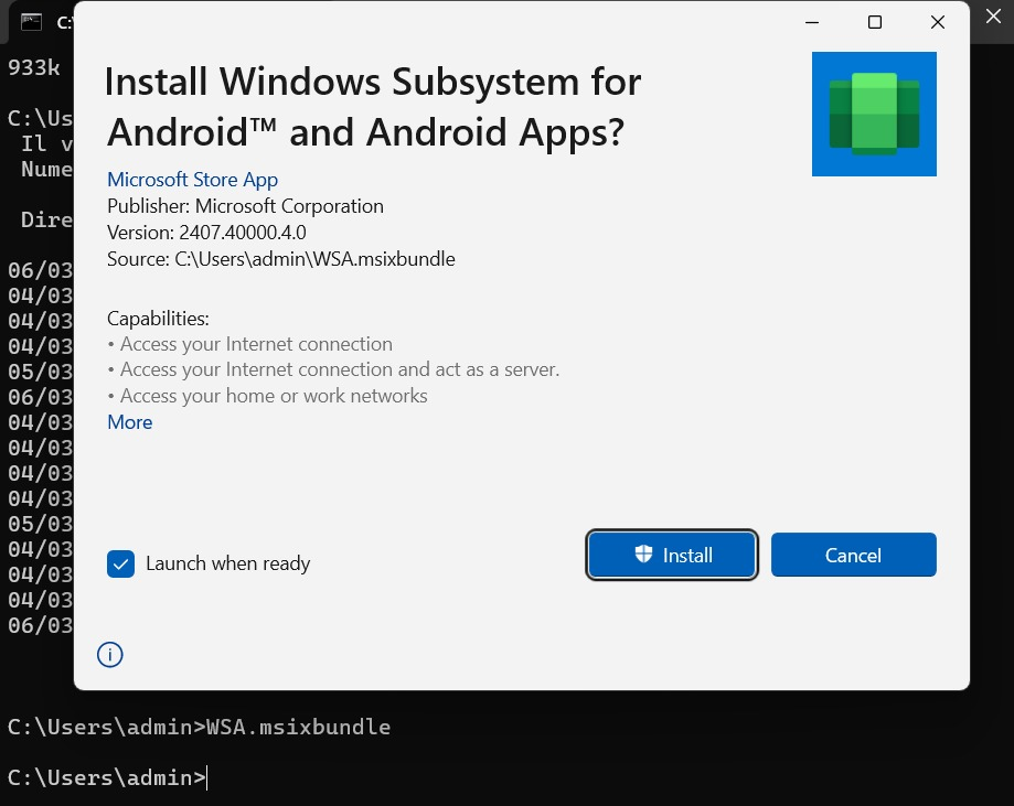 Avvio installazione WSA in Windows 11