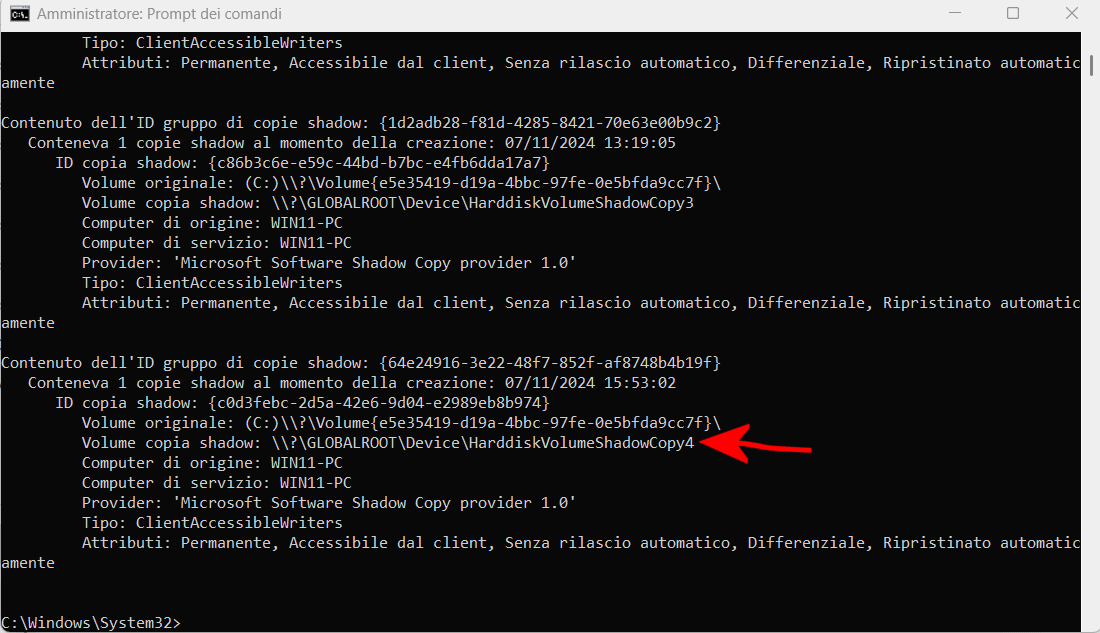 Lista copie shadow Windows 11