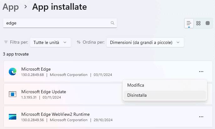 Disinstallazione Edge da Windows 11