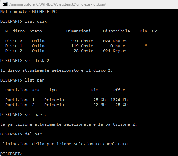 Diskpart per rimozione Ventoy da USB