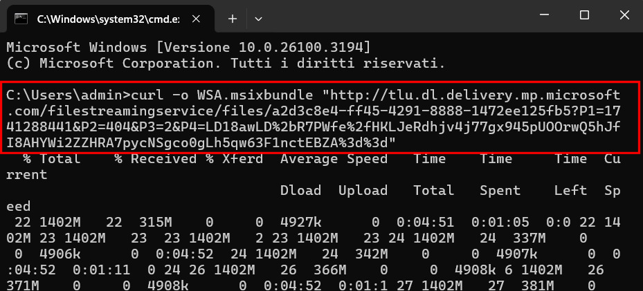 Download WSA in Windows 11 con curl