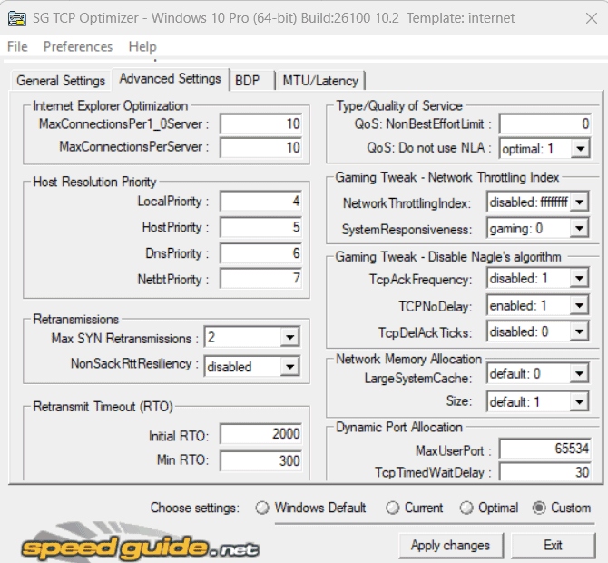 Impostazioni avanzate TCP Optimizer