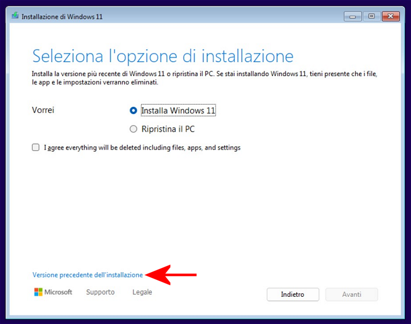 Versione precedente installazione Windows 11