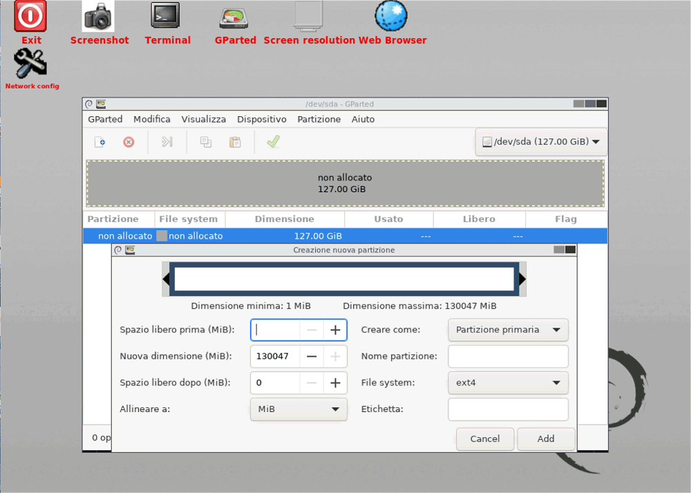 Interfaccia GParted Live