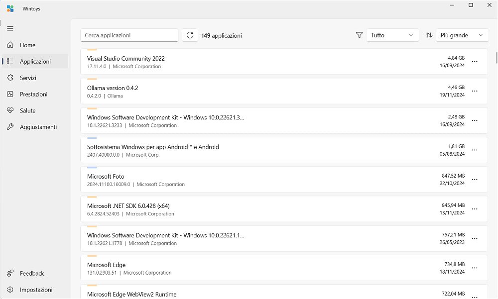 Lista applicazioni installate Wintoys