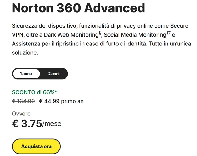 norton 360 advanced offerta