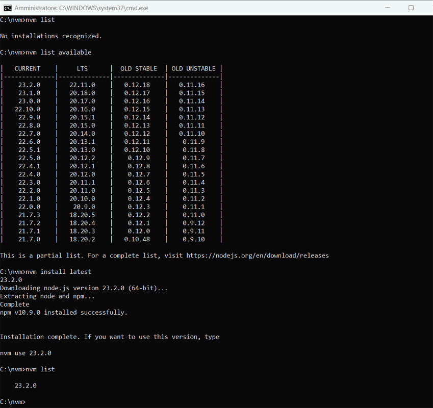 NVM Windows: lista versioni Node.js disponibili