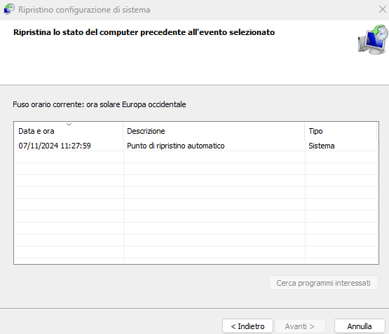 Recupero punto di ripristino Windows 11