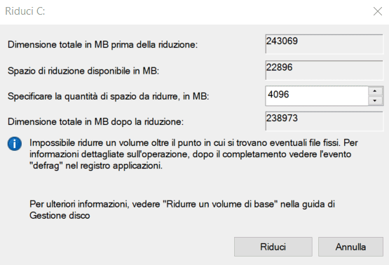 Riduzione partizione Windows