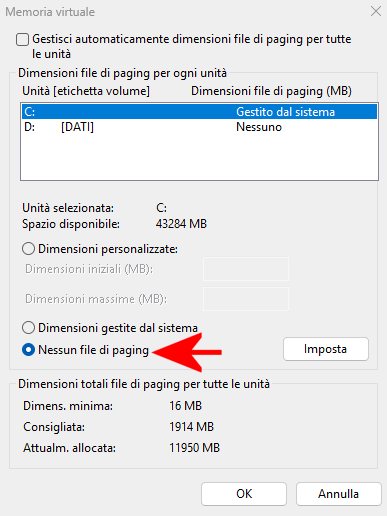 Rimozione file di paging in Windows