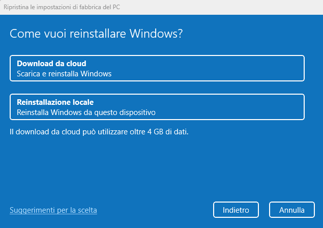 Ripristino PC Windows con download da cloud