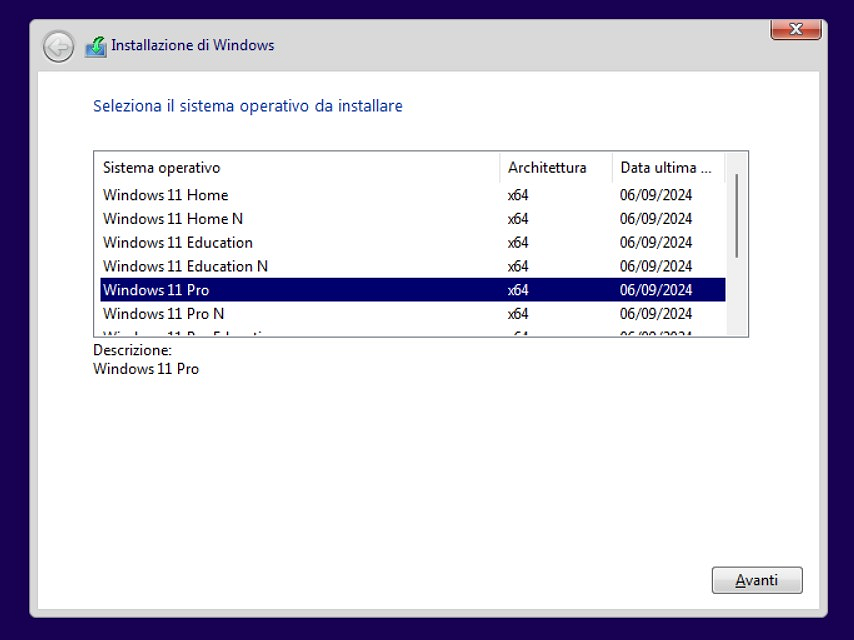 Scegliere edizione Windows 11 da installare