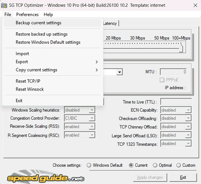 Backup configurazione rete TCP Optimizer