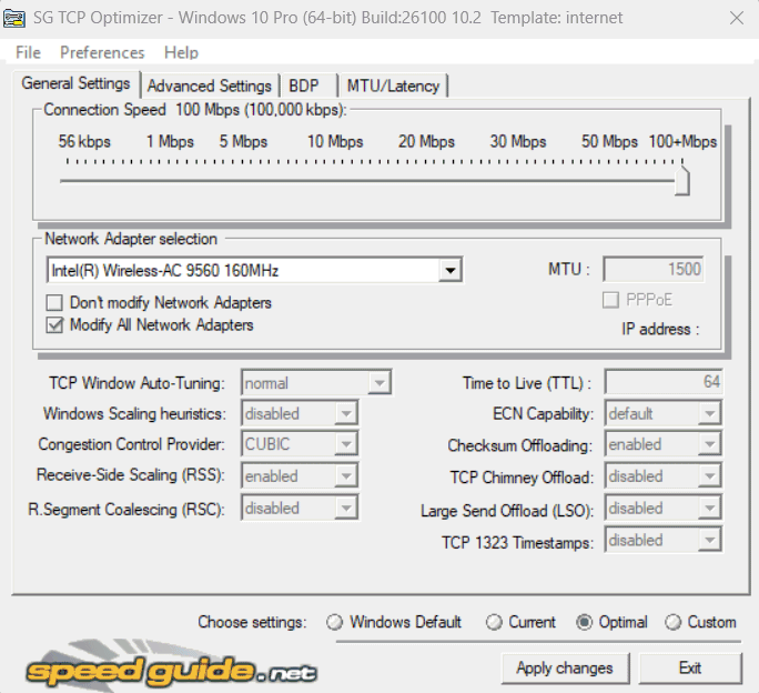 TCP Optimizer impostazione optimal