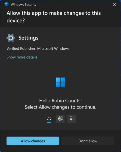 Windows Hello sostituisce UAC in Windows 11