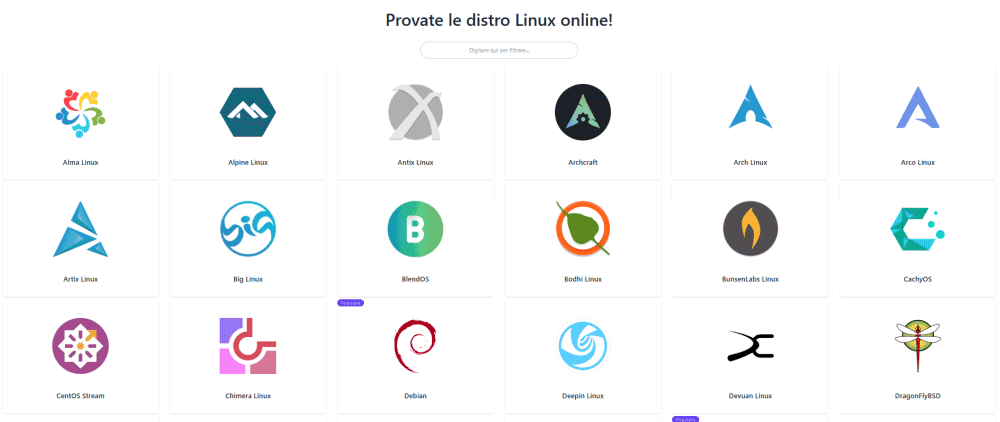 Selezione distribuzione Linux da avviare nel browser