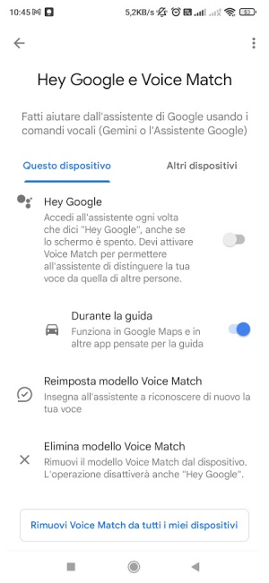 Disattivazione Hey Google assistente vocale Android