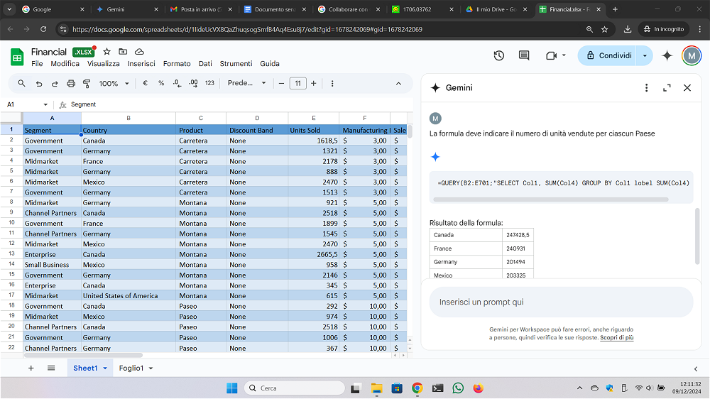 Creazione formule Excel con Google Gemini Workspace