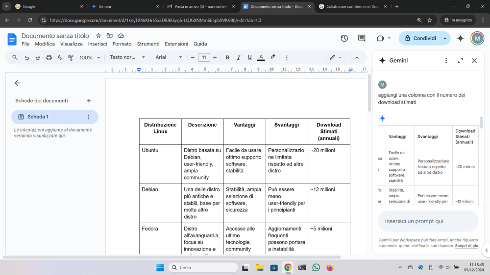 Generazione tabelle con Gemini for Workspace