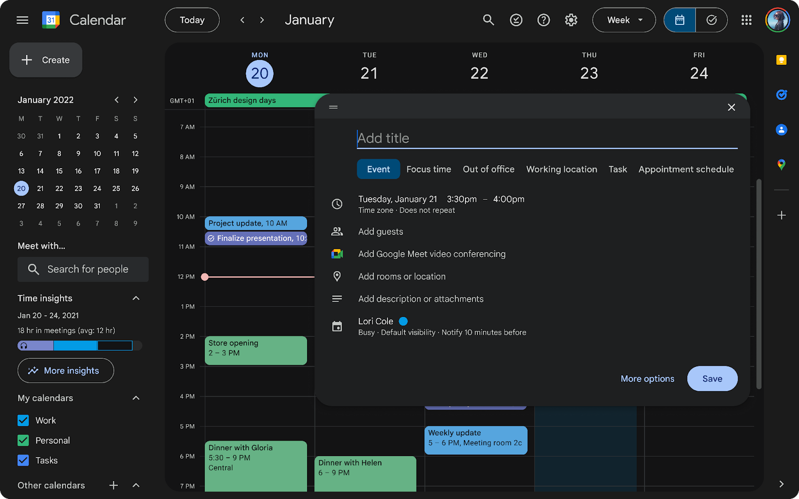 dark mode google calendar