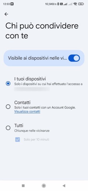 Impostazione condivisione Quick Share da Android