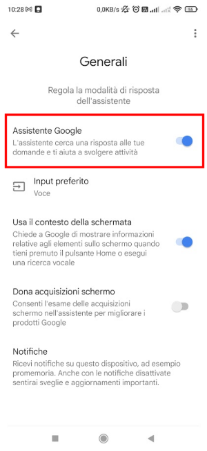 Disattivazione Google Assistant