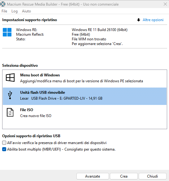 Macrium Reflect: supporto avvio USB
