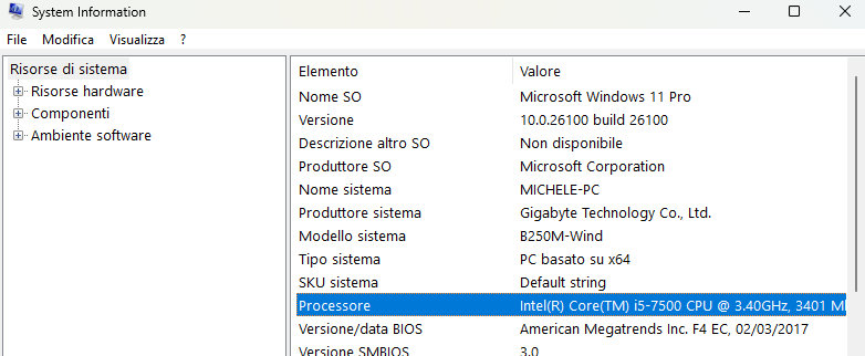 msinfo32 per verificare compatibilità processore con Windows 11