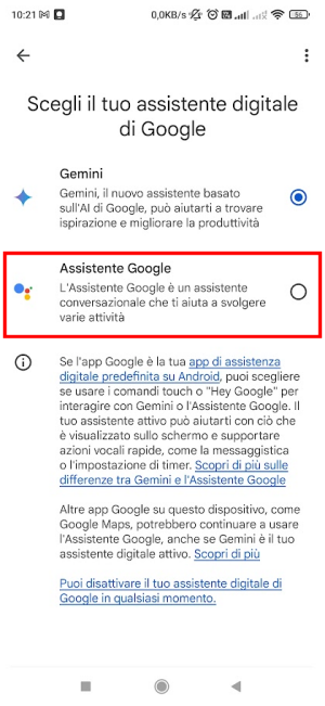 Selezione assistente vocale Google su Android