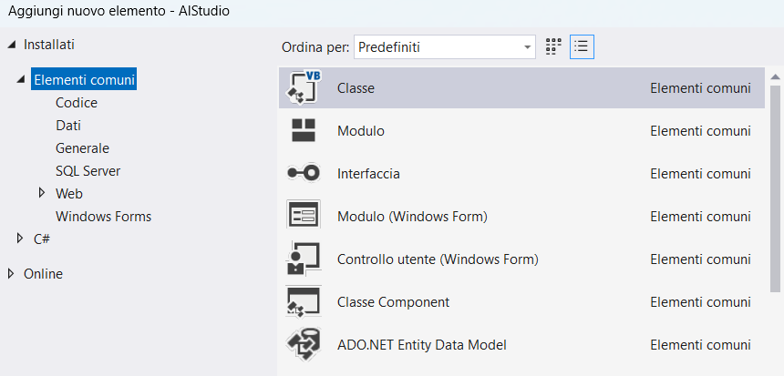 Aggiunta classe progetto Visual Studio