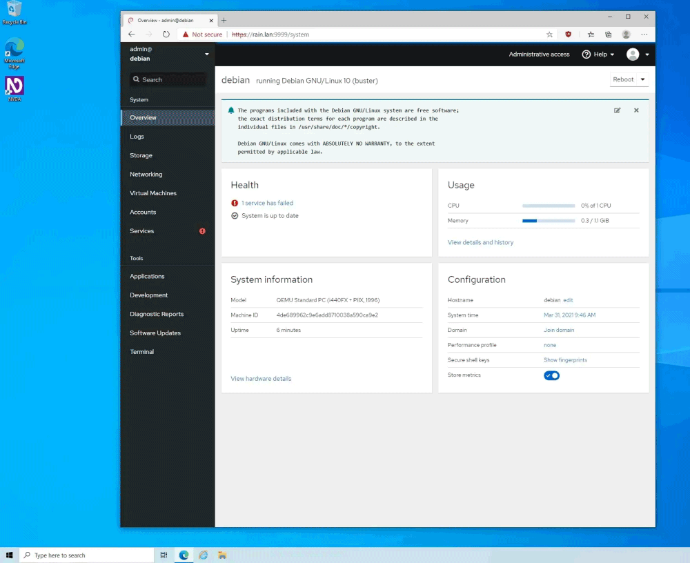 Cockpit Linux, pannello amministrazione